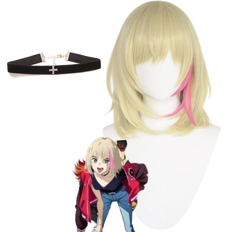 애니메이션 원더 에그 우선순위 카와이 리카 코스프레 가발 목걸이, 소녀용 짧은 고덴 핑크 헤어 할로윈 의상